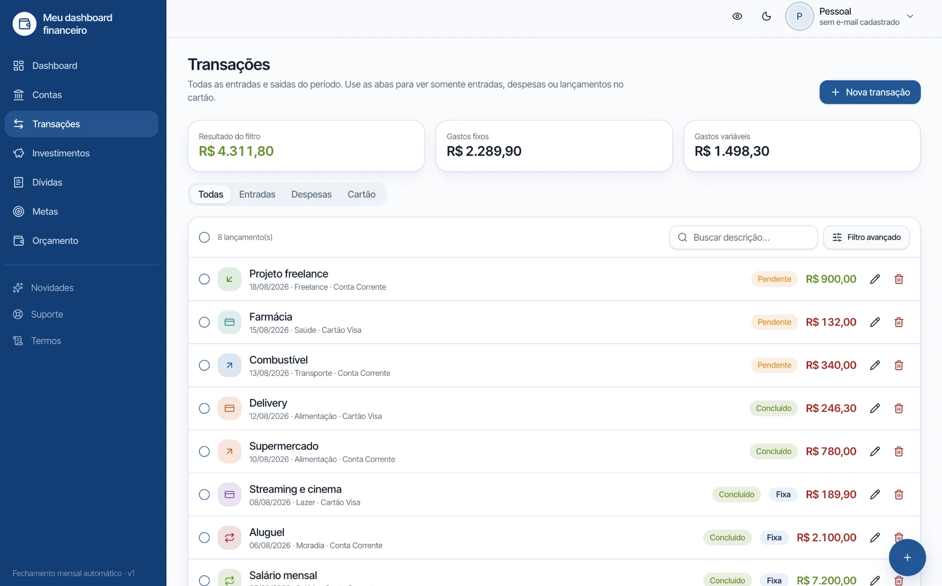 Tela de transações do Meu Dashboard Financeiro