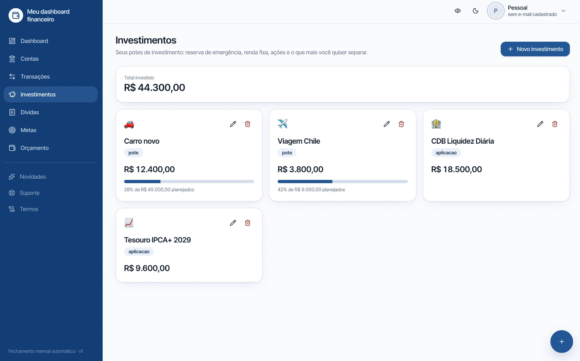 Tela de investimentos e dívidas