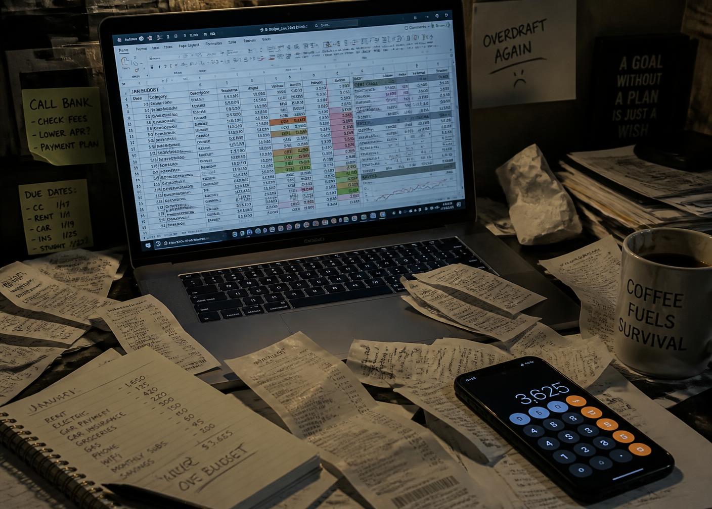 Antes: planilha bagunçada e calculadora